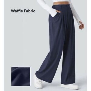 Halara Flex High Waist Side Pocket Wide Leg Waffle Work Pants Sz Small Tall Blue